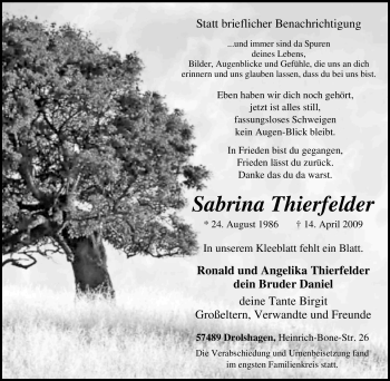 Traueranzeige von Sabrina Thierfelder von Tageszeitung