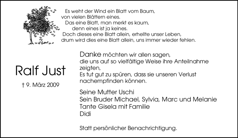  Traueranzeige für Ralf Just vom 04.04.2009 aus Tageszeitung