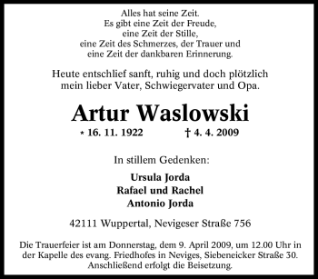 Traueranzeige von Artur Waslowski von Tageszeitung