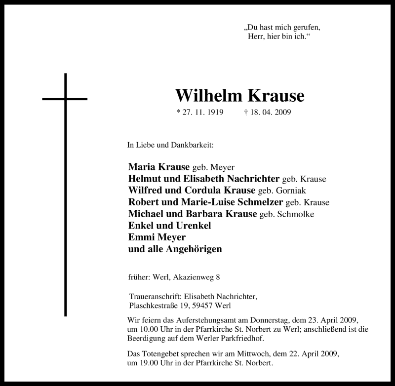  Traueranzeige für Wilhelm Krause vom 20.04.2009 aus Tageszeitung