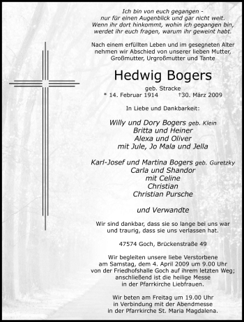Traueranzeige von Hedwig Bogers von Tageszeitung