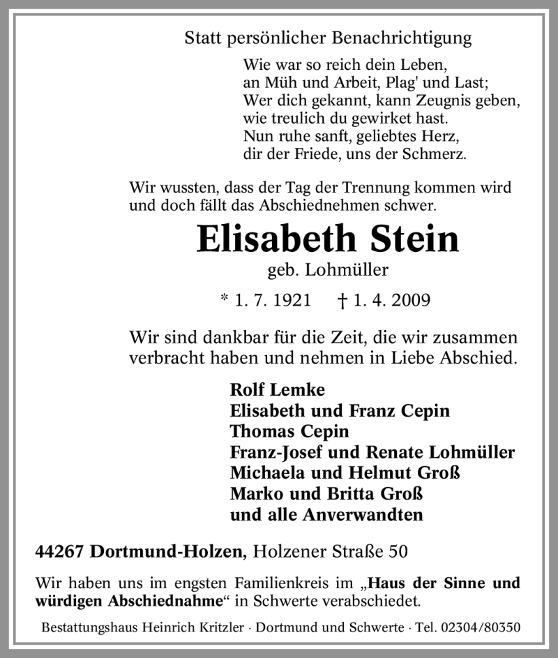  Traueranzeige für Elisabeth Stein vom 08.04.2009 aus Tageszeitung