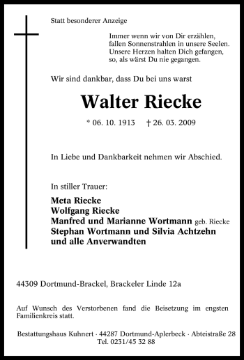 Traueranzeige von Walter Riecke von Tageszeitung