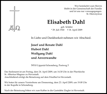 Traueranzeige von Elisabeth Dahl von Tageszeitung