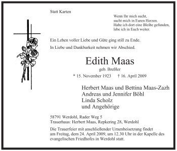 Traueranzeige von Edith Maas von Tageszeitung