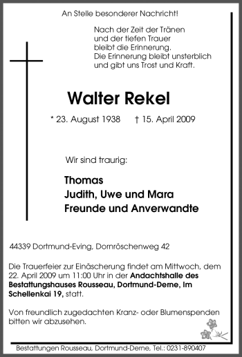 Traueranzeige von Walter Rekel von Tageszeitung