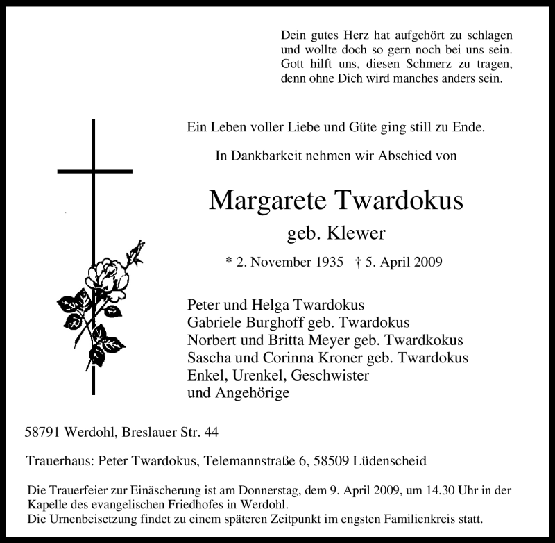  Traueranzeige für Margarete Twardokus vom 07.04.2009 aus Tageszeitung