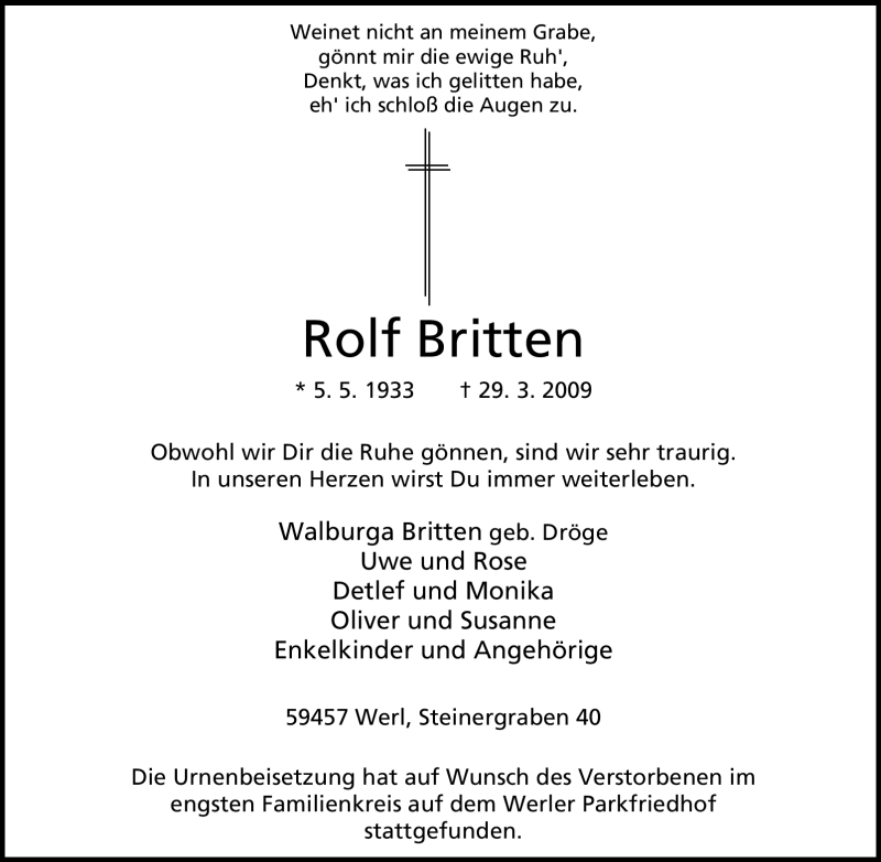  Traueranzeige für Rolf Britten vom 04.04.2009 aus Tageszeitung