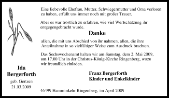 Traueranzeige von Ida Bergerforth von Tageszeitung