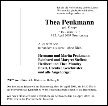 Traueranzeige von Thea Peukmann von Tageszeitung