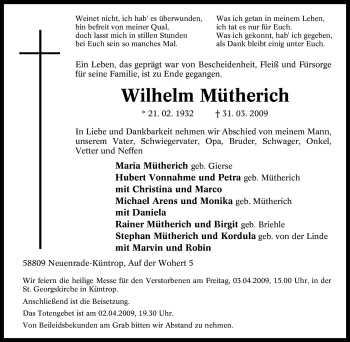 Traueranzeige von Wilhelm Mütherich von Tageszeitung