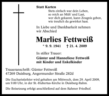 Traueranzeige von Marlies Fettweiß von Tageszeitung