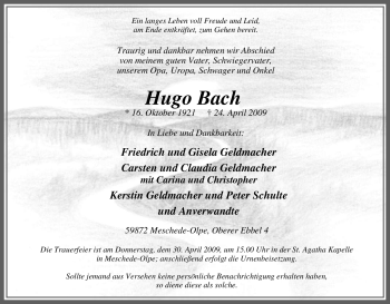 Traueranzeige von Hugo Bach von Tageszeitung