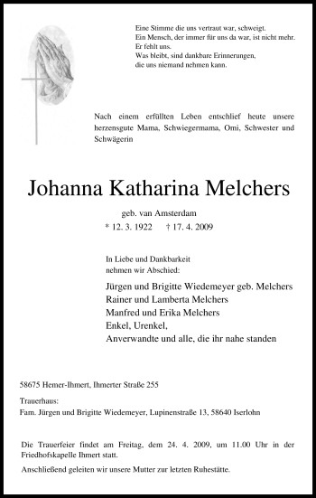 Traueranzeige von Johanna Katharina Melchers von Tageszeitung