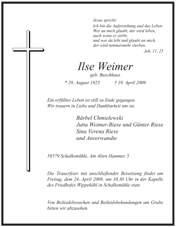 Traueranzeige von Ilse Weimer von Tageszeitung