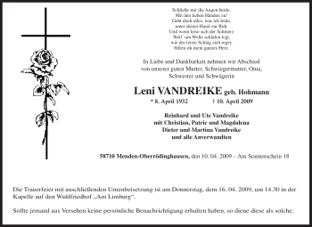 Traueranzeige von Leni Vandreike von Tageszeitung