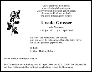Traueranzeige von Ursula Grosser von Tageszeitung