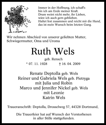 Traueranzeige von Ruth Wels von Tageszeitung