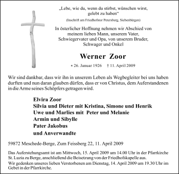 Traueranzeige von Werner Zoor von Tageszeitung
