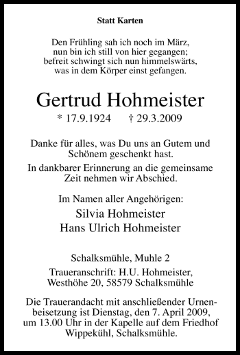 Traueranzeige von Gertrud Hohmeister von Tageszeitung