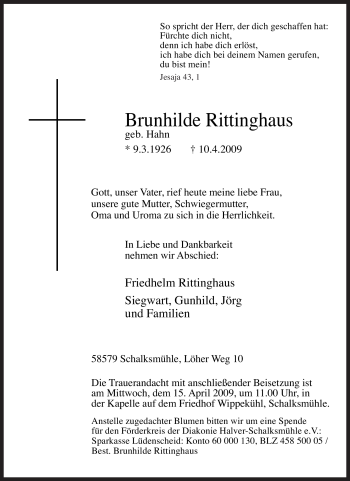 Traueranzeige von Brunhilde Rittinghaus von Tageszeitung
