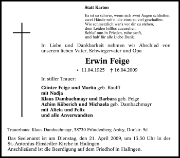 Traueranzeige von Erwin Feige von Tageszeitung