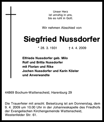 Traueranzeige von Siegfried Nussdorfer von Tageszeitung