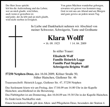 Traueranzeige von Klara Wolff von Tageszeitung