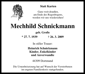 Traueranzeige von Mechhild Schnickmann von Tageszeitung