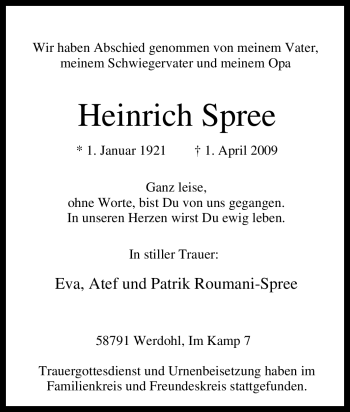 Traueranzeige von Heinrich Spree von Tageszeitung