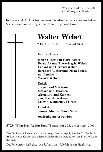 Traueranzeige von Walter Weber von Tageszeitung