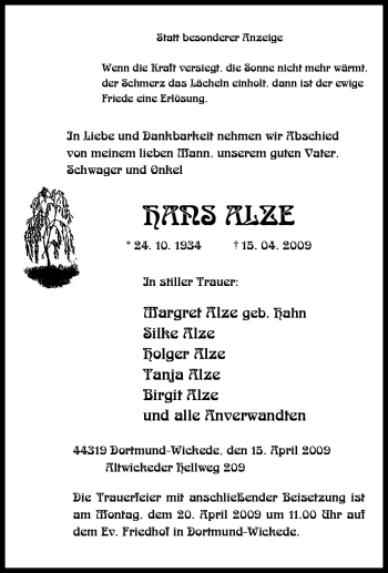 Traueranzeige von Hans Alze von Tageszeitung