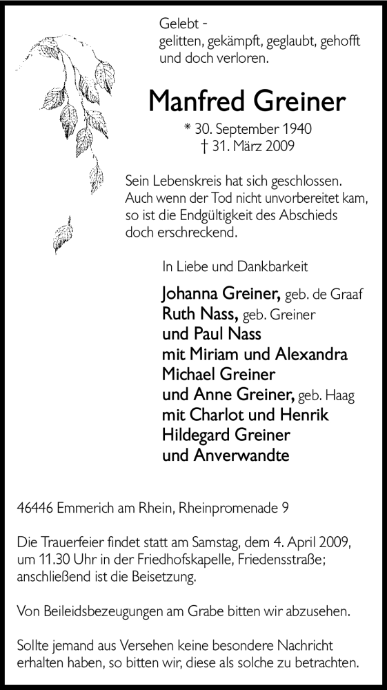  Traueranzeige für Manfred Greiner vom 02.04.2009 aus Tageszeitung