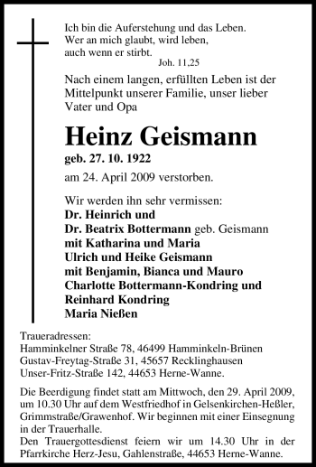 Traueranzeige von Heinz Geismann von Tageszeitung