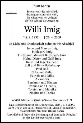 Traueranzeige von Willi Imig von Tageszeitung
