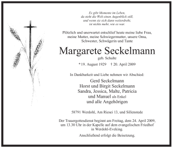 Traueranzeige von Margarete Seckelmann von Tageszeitung