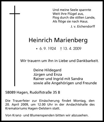 Traueranzeige von Heinrich Marienberg von Tageszeitung