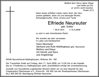 Traueranzeige von Elfriede Neureuter von Tageszeitung