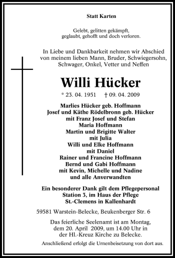 Traueranzeige von Willi Hücker von Tageszeitung