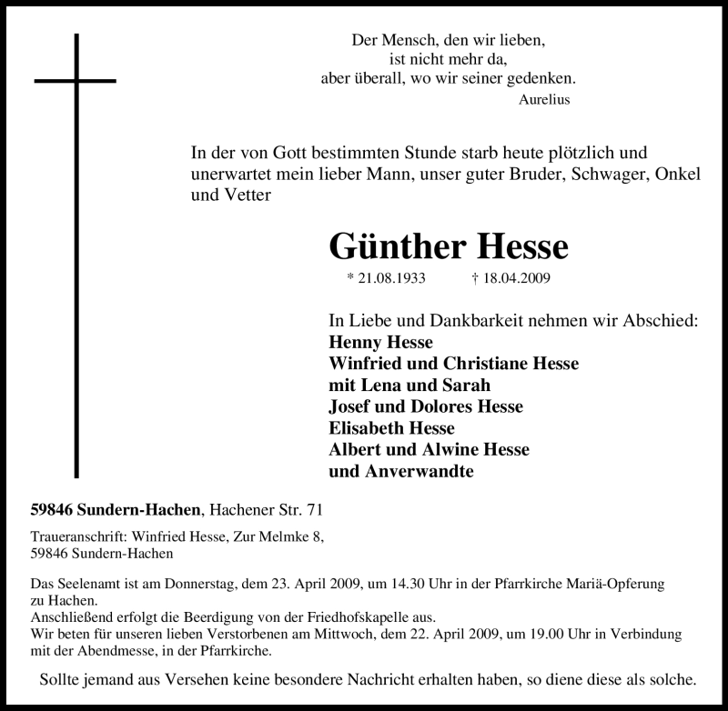  Traueranzeige für Günther Hesse vom 20.04.2009 aus Tageszeitung
