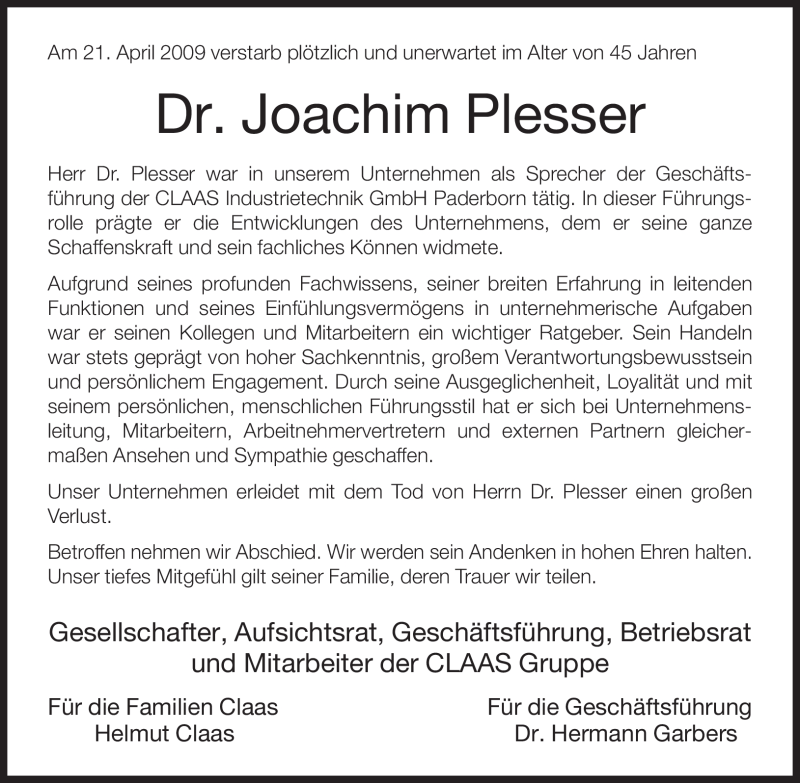  Traueranzeige für Joachim Plesser vom 24.04.2009 aus Tageszeitung