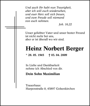 Traueranzeige von Heinz Norbert Berger von Tageszeitung
