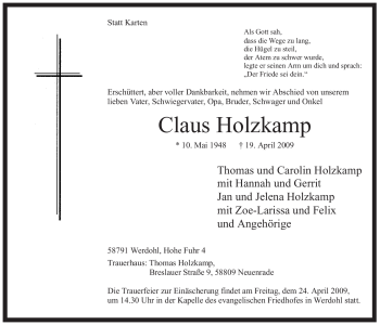 Traueranzeige von Claus Holzkamp von Tageszeitung