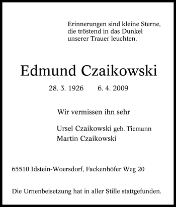 Traueranzeige von Edmund Czaikowski von Tageszeitung