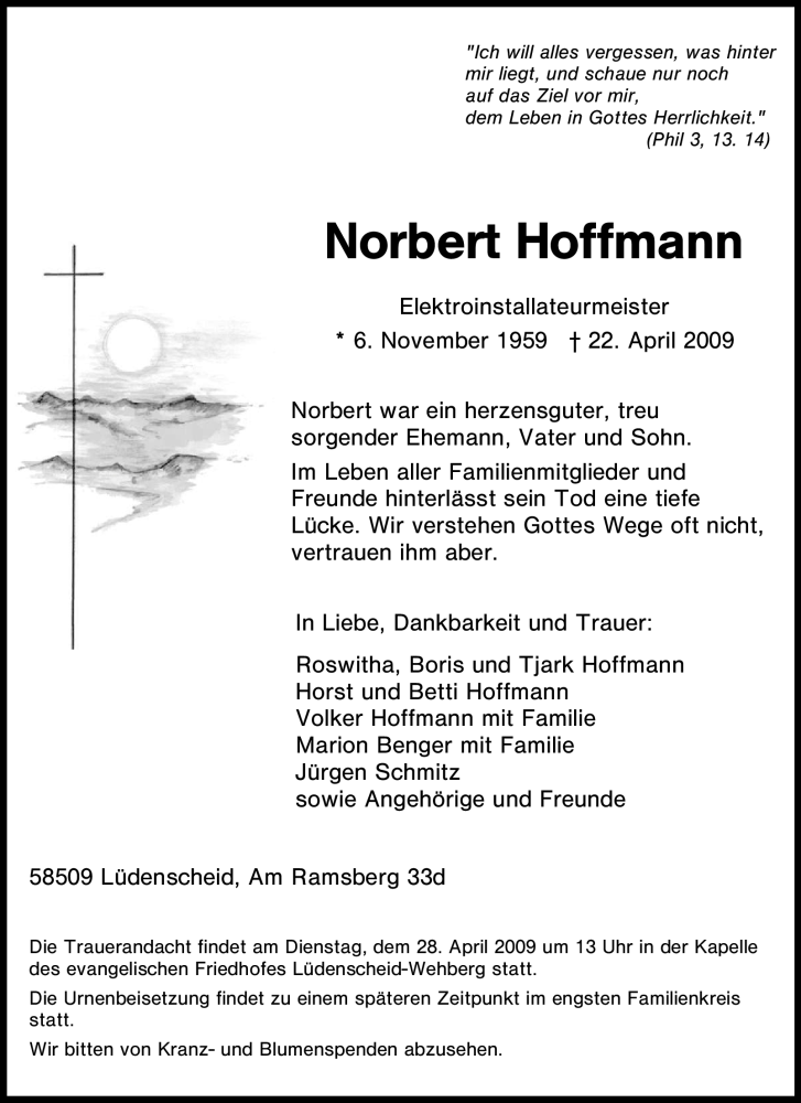  Traueranzeige für Norbert Hoffmann vom 25.04.2009 aus Tageszeitung