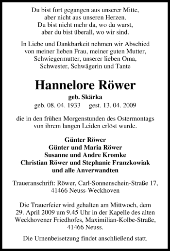 Traueranzeige von Hannelore Röwer von Tageszeitung