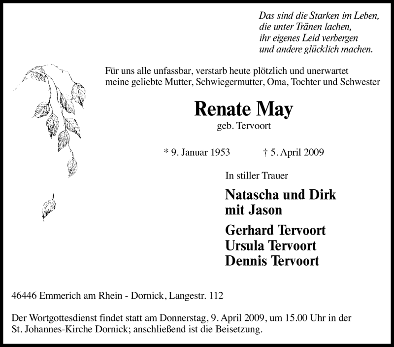  Traueranzeige für Renate May vom 07.04.2009 aus Tageszeitung