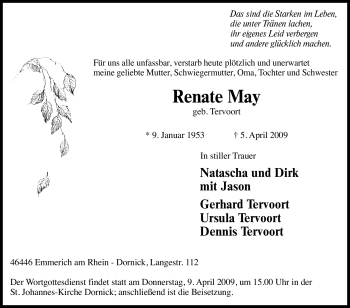 Traueranzeige von Renate May von Tageszeitung