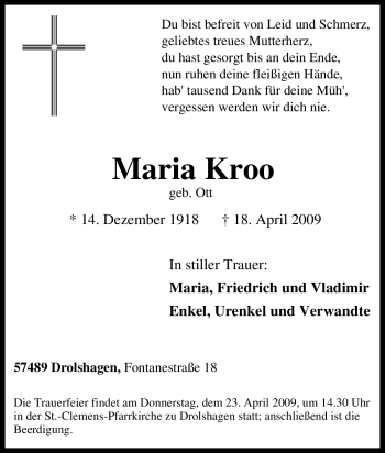 Traueranzeige von Maria Kroo von Tageszeitung