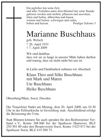 Traueranzeige von Marianne Buschhaus von Tageszeitung